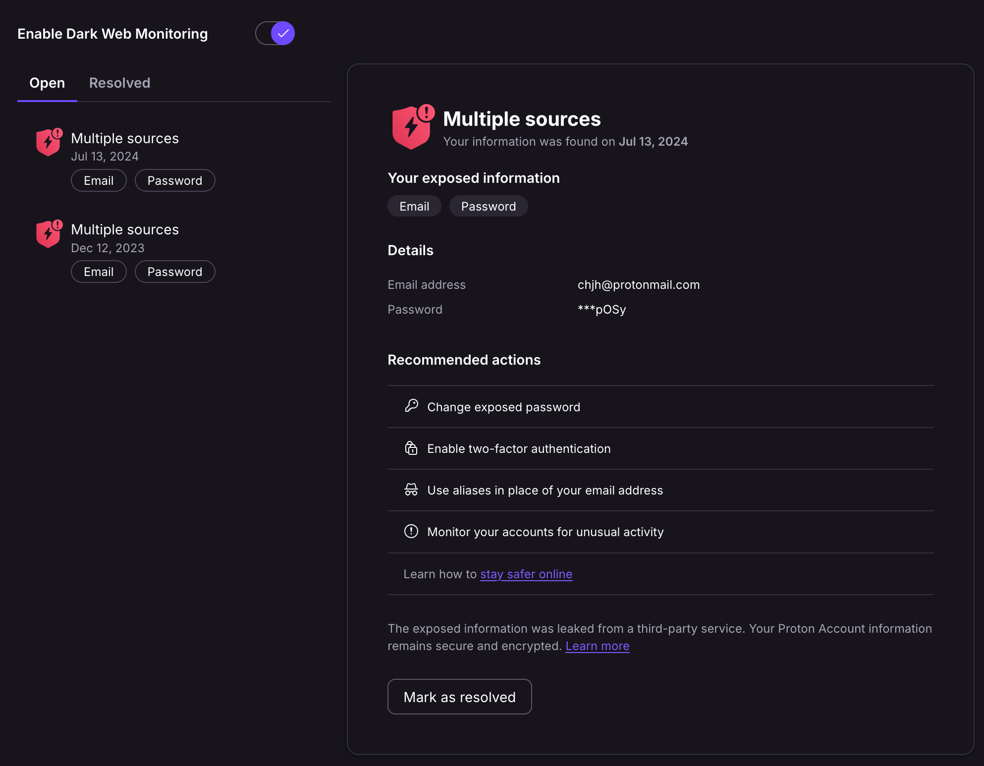 A screenshot of the "Dark web monitor" provided by Proton.